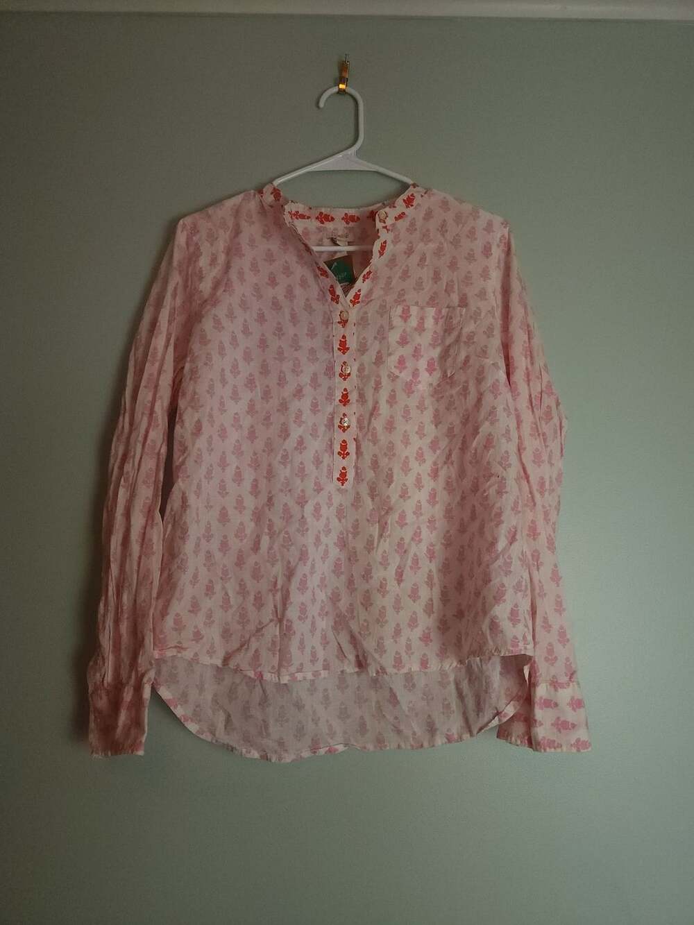 Cottagecore Workwear J.Crew Women's Pink Floral Long Sleeve Popover Blouse